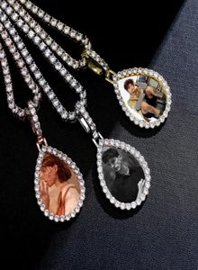 Anpassade PO -minnesmedaljonger Solid Pendant Necklace Water Drop Shape Tennis Chain Hip Hop smycken Personlig kubisk zirkonchai1266202