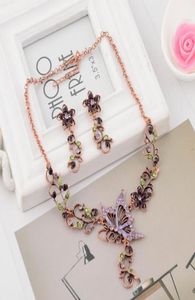 Europe Fashion Jewelry Sets Vintage Butterfly Pendant Rhinestone Flowers Elegant Necklace Earrings7025301