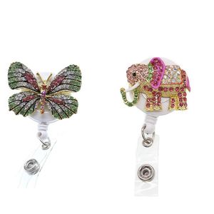 10 pçs / lote Sparkly Chaveiros Strass Médico Símbolo Animal Borboleta Elefante Forma Retrátil Crachá Reel Titular Para Nur2818