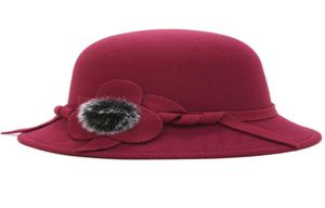 Stingy Brim Hats HT1830 Autumn Winter For Women Ladies Wool Felt Casual Flower Fur Ball Formal Fedoras Female Bucket Bowler Hat2276051