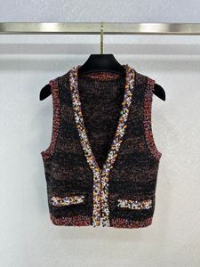 2024 Deep V Collar Sleeveless Women's Vest Luxurious Handmade Crystals Beads Short Knitting Women Jacket 121309