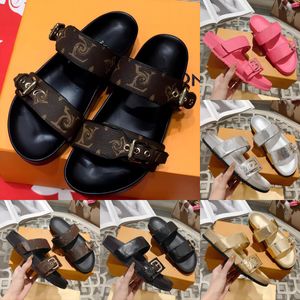 Designer Men Women Slides leather Sandal Bom Dia Flat Mule Slipper Patent Canvas Beach Sandals Rubber Soles Summer Flip Flops Eur 35-46