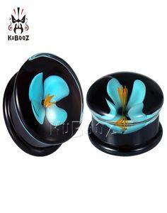 Kubooz Blue Flower Glass Single Flared Ear Plugs And Tunnels Piercing Earring Gauges Expanders Body Jewelry Whole 8mm to 16mm 1802910