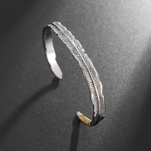 Länkarmband Creative Retro Silver-Plated Feather Armband Open Men's and Women's Cuff Punk Fashion Simple Casual Sports Jewelry