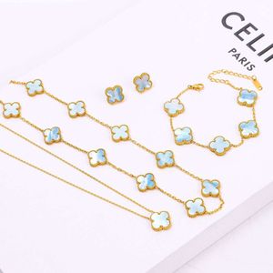 Van Clover Haze Blue Shell Ten Flower Titanium Steel Earrings Single Flower Necklace Sky Color Four Leaf Grass Armband