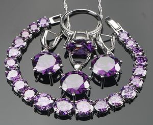 Todo o casamento roxo zircão prata 925 conjuntos de jóias pulseiras brincos com pedras pingente colar anéis conjunto jóias presente b1465481