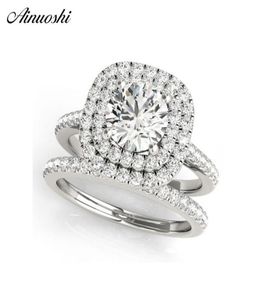 Ainuoshi 925 prata esterlina feminino conjuntos de anel de noivado de casamento duplo halo 1ct corte redondo conjuntos de anel de casamento anillos de plata y20015080345