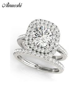 Ainuoshi 925 Sterling Silver Women Wedding Engagement Ringセットダブルハロー1CTラウンドカットウェディングリングセットAnillos de Plata Y20015080345