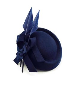 Stingy Brim Hats Women039s Hat Fedora Elegant för Cap Fascinator Blue Wool With Feather Royal Wedding Banket Prom Festival Bon7215545