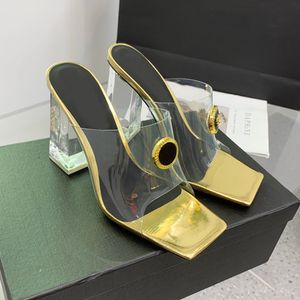 Alexa Glass Square Stopa Kryształowy Chunky Blok Wysokie obcasy Sandały Muły Pvc Kobiet Luksusowe przezroczyste projektantki otwarte palce na wieczorne buty imprezowe