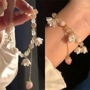 Bracciale rigido con perline di fiori di tulipano vintage dolce per le donne Gioielli estetici con ciondolo rosa pesca in stile coreano carino nappa