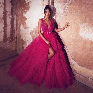 Puffy Fuchsia Prom Dresses Sexy V-Neck Slit Sleeveless Tulle Appliques Tiered Sashes robe de soiree Evening Dresses Gown