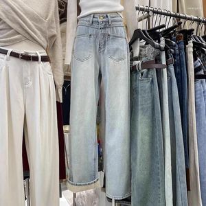 Kadınlar Kot Pantolon 2023 Kış Moda Kore Edition Style çok yönlü bel düz kalınlaştırılmış geniş bacak