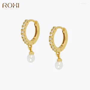 Dingle örhängen Roxi 925 Sterling Silver Pearl Pendientes Drop For Women Brincos Hoop Round Zircon Crystal Jewelry Kolczyki Earing