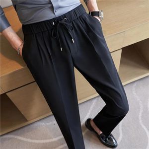 Ternos masculinos de cintura elástica calças 2023 outono estilo britânico sólido casual vestido calças fino ajuste terno formal roupas