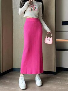 Etnik Kıyafet Düz Düz Örme Sarılı Kalça Etek Kadınlar Sonbahar Kış Basit Bir Çizgi Zarif Moda Yüksek Bel Tığ işi Uzun Etekler 231213