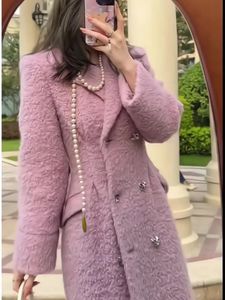 Womens Wool Blends Autumn Winter Thick Warm Overcoat Fashion Purple Doublebreasted Lapel Tweed Suit Jacket Female Loose Long Coat 231212