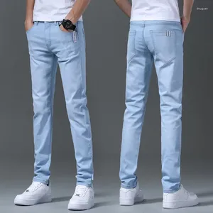 Herr jeans 2024 män mode hög midja rak smal ben blå grå svart stretch vintage denim byxor streetwear smala fit byxor