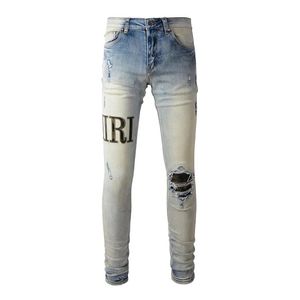 Designer Amirs för män jeans vandring byxa rippade hip hop high street mode varumärke pantalones vaqueros para hombre motorcykel broderi nära montering