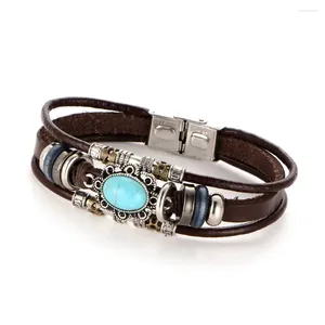 Charm Armbänder Lederarmband Kreative Retro Punk Wind Intarsien Oval Türkis Männer Vintage Mehrschichtiges Geflecht