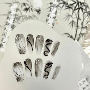 False Nails Misskitty Handmade Press-on Wear Nail Ink Black And White National Style Ancient Snake Winding Cold High-Grade Tempe