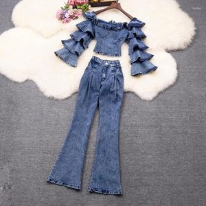 Kvinnors tvåbitar byxor street stil denim kostym kvinnors uppsättningar höst flare ruffles långärmhet korta toppar hög midja bred ben tvådelar