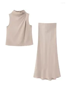 Vestidos de trabalho tarf 2023 verão feminino plissado design seda sem mangas superior fino ajuste saia de cintura alta meio conjunto