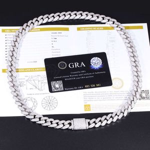 Factory Price Hip Hop Jewelry 12mm 19mm Wide 2rows 925 Silver Pass Diamond Tester Moissanite Necklace Cuban Link Chain