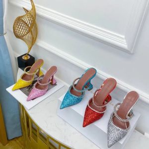 Amina Muaddi Gilda crystal-embellished Glitter mules slippers slide Slip On pointed toes heels Pedestal high-heeled luxury designer slipper for women factory shoes