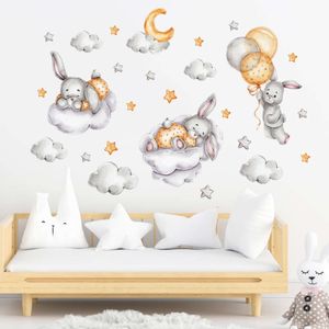 Cute 3 Bunnies with Balloons Moon and Clouds Wall Stickers Kids Room Wall Decals Home Decorative Stickers for Baby Nursery Decor