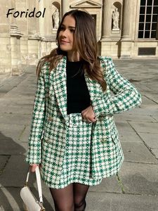 Vestido de duas peças Foridol Double Breasted Tweed Blazer Casaco Saia Conjunto Inverno Grosso Pocktes Cinto Outono Verde Gingham Malha Jaqueta Vintage 231212