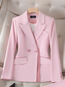 Mulheres ternos blazers mulheres blazer outono inverno moda retalhos rosa branco escritório senhoras negócios trabalho jaqueta casaco botão duplo formal feminino tops 231213