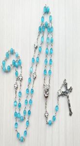 Blue Opal Rosary Necklace Long Metal Catholic Prayer Jewelry For Men Women7819482