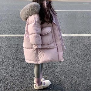 Down Coat Girls Fashionable Large Fur Collar Hooded Cotton Clothes Children 2023 Mid-Length Thickened Warm Jackets