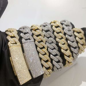 Hip Hop Ins halsband 925 Silver 15mm lång knapp Button Diamond Cuban Chain Full Set Mosonite smycken grossist