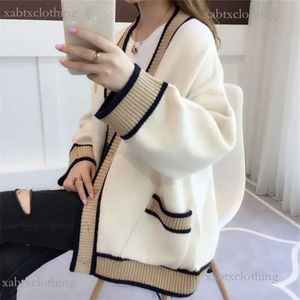 Women's Cardigan channel Knitted Korean Fashion Stripe Wool Sweater for Women Winter Long Sleeve V-neck Casual Knitwear Coats Female