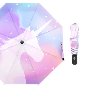 Guarda-chuvas Compact Travel Umbrella Unicorn Imprimir Totalmente Automático Mulheres Chuva À Prova de Vento AntiUV Três Dobrável Parasol 231213