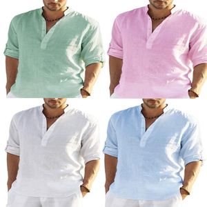 Polo da uomo Uomo Primavera Cotone Lino Kimono Camicia Manica lunga Solido Tempo libero Abbigliamento cinese Casual Colletto alla coreana Camicie polo Running 231212