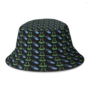 Berets frasco e frasco padrão verde azul química química ciência balde chapéu para mulheres homens dobrável bob pescador chapéus panamá boné