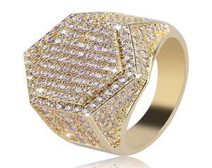 Hip hop moda hexágono anel de cobre ouro prata cor banhado gelado micro pave zircão cúbico charme anel para homens women8211575