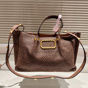 Designer Women Rivet Design Flax Letter Tote Bag Italy Luxury Brand V Brown Linen Shoulder Bags Lady Cowhide Leather Strap Shopping Handbag With Coin Purse 35cm