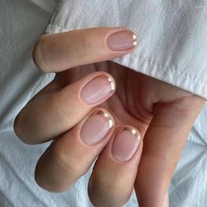 Falsas unhas francesas destacáveis flores de cristal curto redondo falso cobertura completa dicas de unhas de borda de ouro para salão de beleza