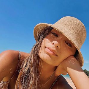 Ampla borda chapéus balde moda crochê chapéu de sol para mulheres macio ráfia balde chapéus senhoras dobrável praia férias atacado 231213