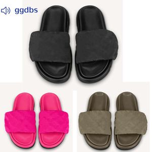 Designer kvinnors pool kudde komfort platt sandaler glider modeplattform läderlägenheter mulor flip flops höga klackar klänningskor avslappnade tofflor 35-41