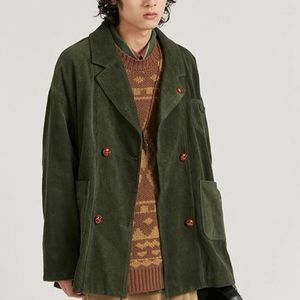 Men's Suits Spring Autumn Retro Corduroy Jacket Blazers Japanese Green Vintage Causal Loose High Street Jackets Men Tops Male Clothes