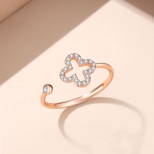 S Sterling Sier Sweet Hollow Clover Designer Rings for Women Girls Love Rose Gold Elegant Crystal CZ Zircon Diamond Ring Jewelry