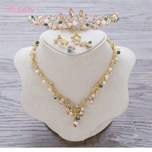 Vintage Baroque Bridal Tiaras Sets Gold Colorful Crystals Princess Headwear Stunning Wedding Tiaras Earrings 2 Pieces Sets 13 5 3 253L