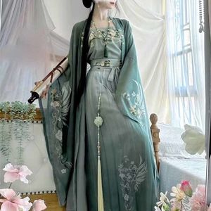 エスニック服ハンフドレス中国の伝統的なヴィンテージの女性ハロウィーンコスプレコスチュームプリントグリーン3PCSセットプラス231212