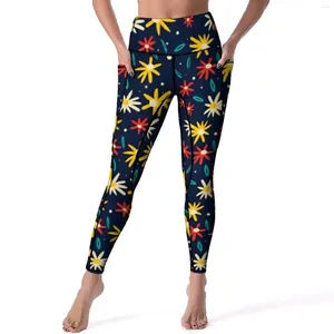 Damen-Leggings, Gänseblümchen-Blumenmuster, sexy, bunte Blumen, Fitness, Yoga-Hose, Push-Up, Stretch, Sportstrumpfhose, Taschen, Retro-Design, Leggins