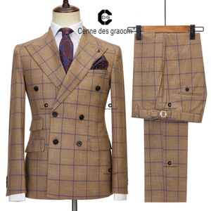 Etniska kläder Cenne des Graoom 2023 Brown Plaid Suits For Men Double Breasted 2 PCS Set Blazer Jacket Pants Wedding Party Meeting Office 231213